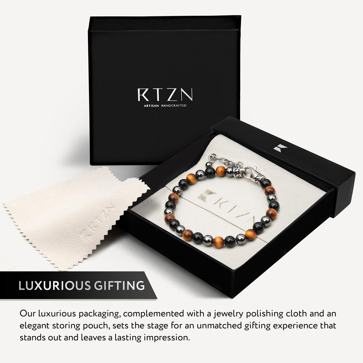 RTZN® Triple Protection Bracelet for Men – Premium Artisan Handcrafted Tigers Eye, Black Obsidian & Hematite Bracelet for Men & Women – 6MM Beaded Spiritual Bracelets – Adjustable 6.5"–8.5" (Chain Fit)