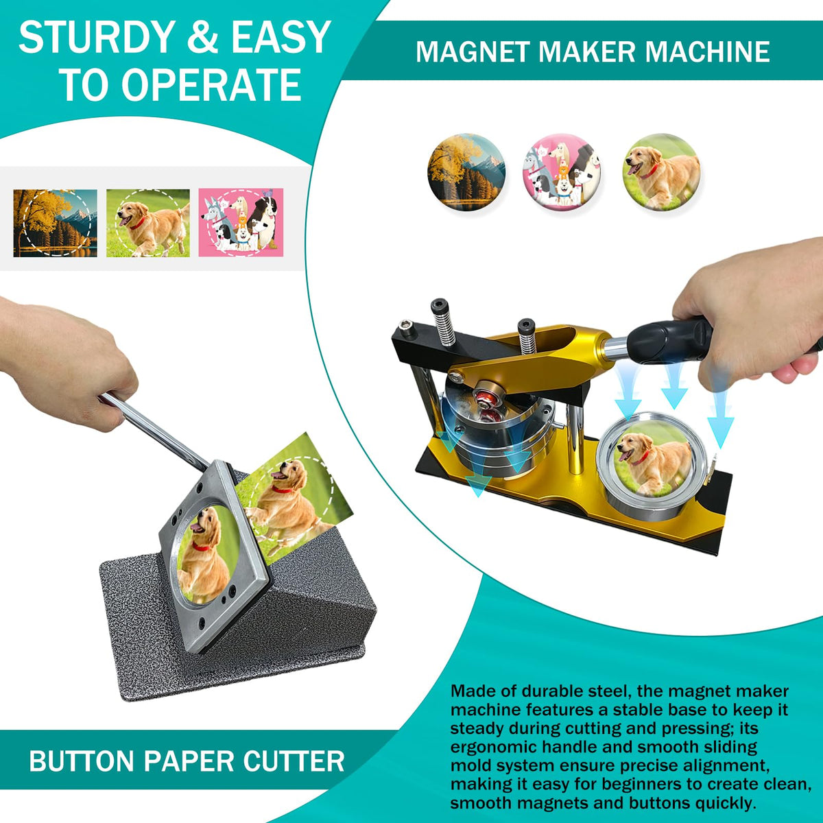 SENBORYSUN Magnet Maker Machine Kit, 2.95" DIY Photo Fridge Button Press & 75mm Button Paper Cutter with 100pcs Consumables, Round Metal Punch Set for Pin Badge & Magnets, Sticker Making Supplies