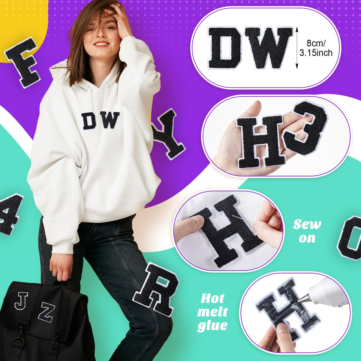 Lyrow 72 Pieces Chenille Letters Patches Iron on 3. 2 H x 2. 2 W Letters and Numbers a to Z Alphabet, Numbers 0 to 9 Embroidery Applique Patch for Clothing Backpacks Hats DIY Supplies(Black and White)