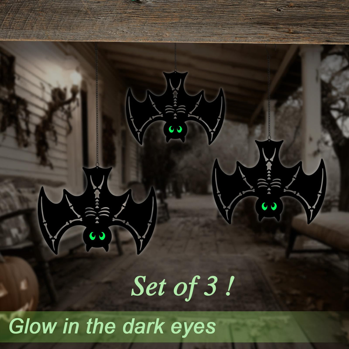 3pcs Metal Hanging Bats Outdoor Halloween Decorations,Black Bat with Glow in The Dark Eyes for Indoor/Outdoor,Halloween Decor