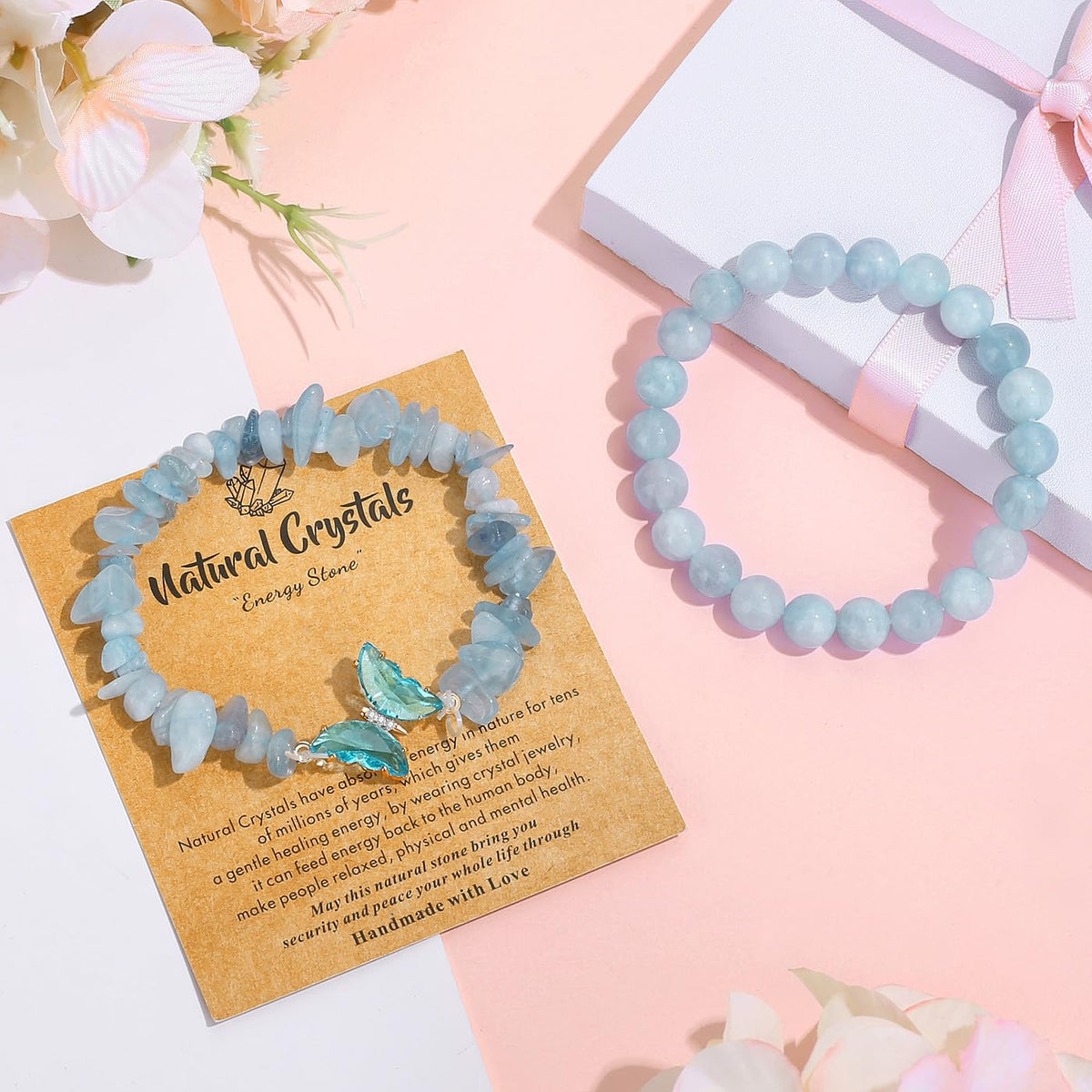 DUQGUHO 2PCS Aquamarine Bracelets Blue Bracelet for Women Natural Aquamarine Crystals Jewelry 8mm Butterfly Bracelet Gifts for Women