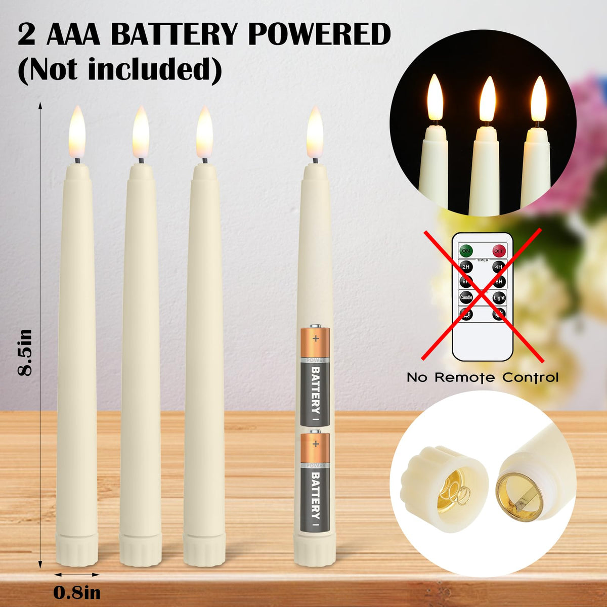 Baquler 12 Pcs Flameless Taper Candles LED Taper Candles Flickering Bulk Ivory LED Candlestick for Easter Wedding Church Halloween Christmas Party Decor Table Centerpiece, 8.5 in, No Batteries