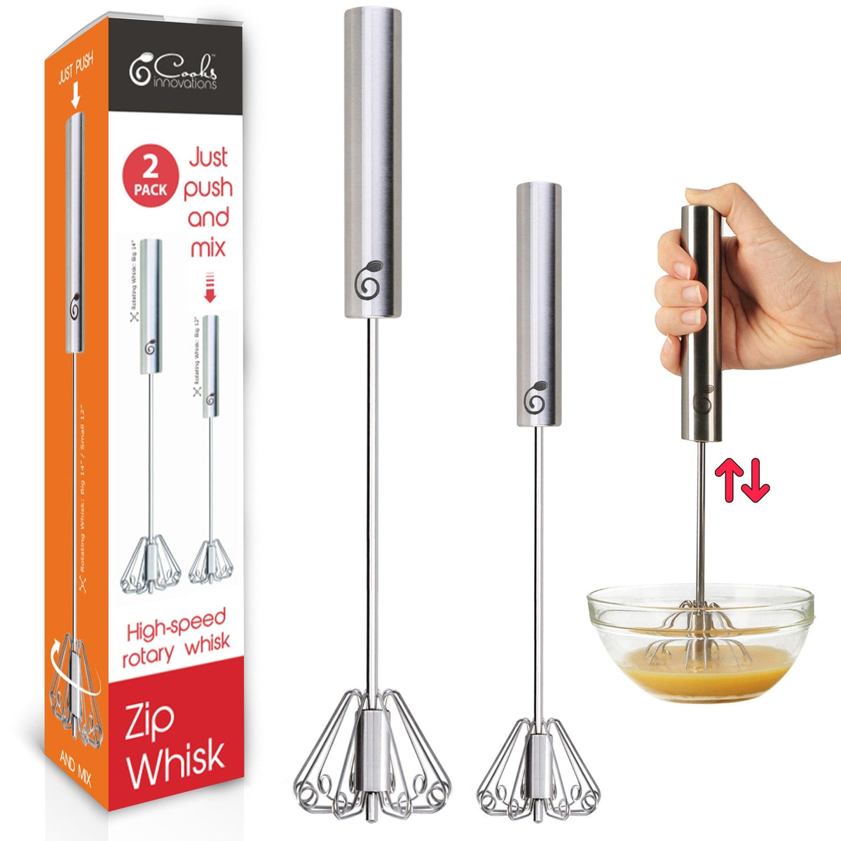 Stainless Steel Egg Beater - Easy to Use Semi-automatic Push-Down Zip Whisker - Rotary Hand Mixer for Beating Eggs, Frothing Milk, Blending, Mixing - Hand Whisk - 2 Pack (12 &14 Inch)
