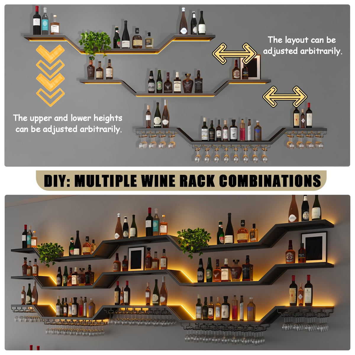 47.2in Modern LED Wine Rack Wall Mounted, 3-Tier Floating Bar Shelves with Wine Glass Rack, Large Hanging Liquor Shelf Wall Mounted, for Home Bar Dining Room Cafe Decorative (Black, 47.2in/120cm)