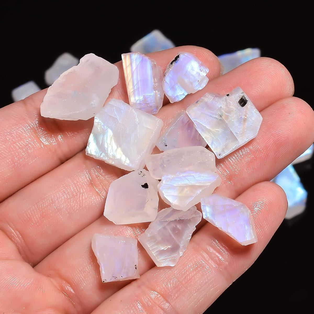 Gemkora 50 cts, 8-10 pcs, Natural Rainbow Moonstone Rough Gemstone, Raw Crystals, Moonstone Rock, Jewelry Making Supplies, Chakra Healing Crafts & DIY Stone [10-15 mm], AA+
