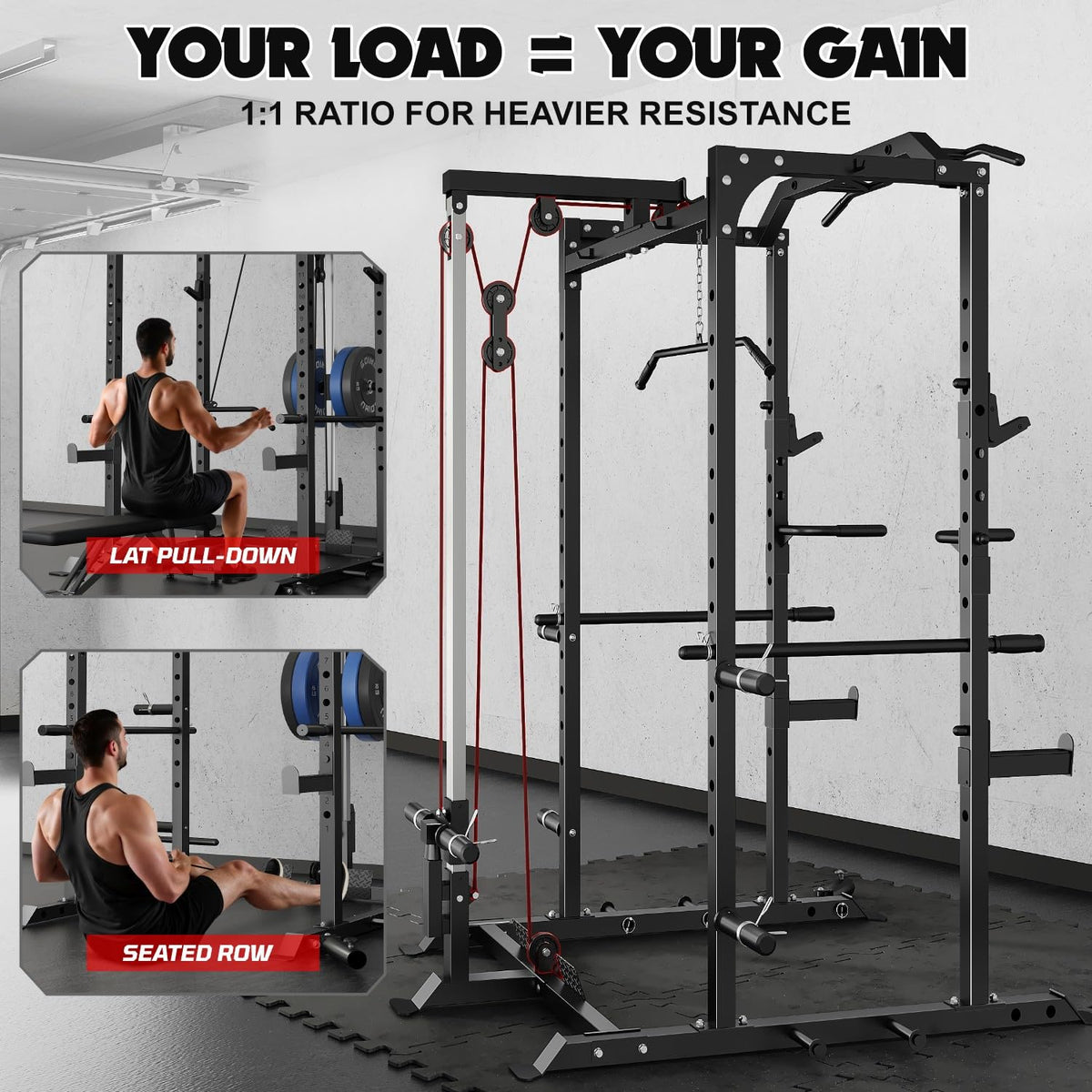 Goimu C1-V4 Power Cage, 2000LBS Squat Rack with LAT Pulldown, Multi-Function Weight Cage Strength Training Machine, Workout Cage with More Attachments for Home Gym Garage (C1-Pro Bk)