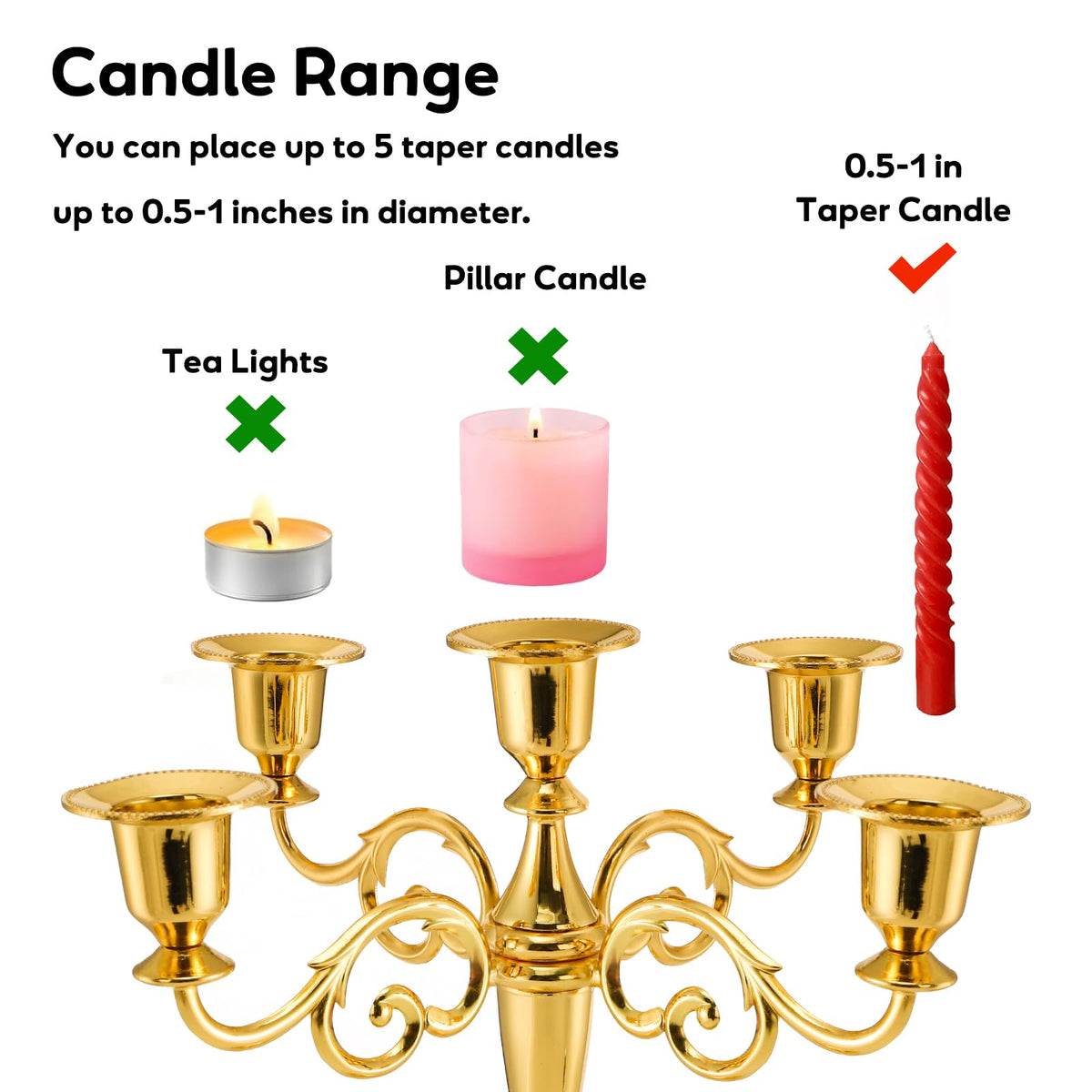 YOUEON 5 Arm Gold Candelabra, Candelabra Candle Holder, 10 Inch Tall Candlesticks Holder, Elegant Taper Candle Holder Centerpiece for Wedding, Church, Halloween, Dining, Home Decor