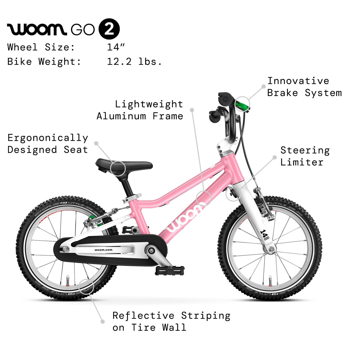 woom GO 2 Bicycle for Children 3 to 4.5 Years Old, 14-Inch Lightweight Bike with Handbrake, Steering Limiter & Chainguard for Boys & Girls - Powder Pink