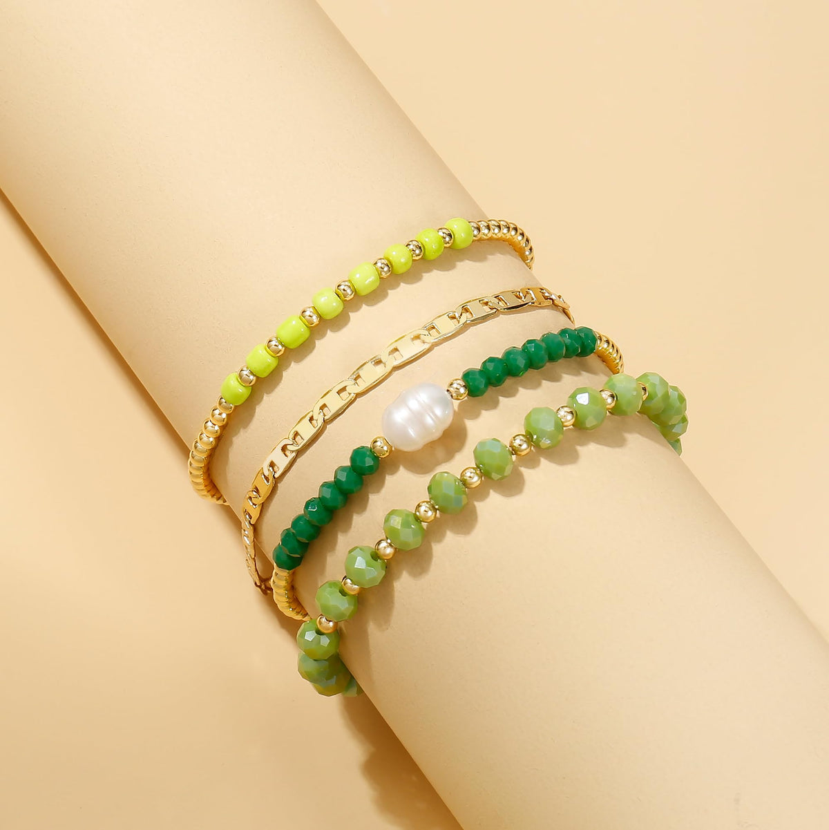 Gold Bracelets for Women Green Crystal Multiple Layered Stackable Wrap Beaded Bangle Set Coffee Bean Chain Trendy Jewelry