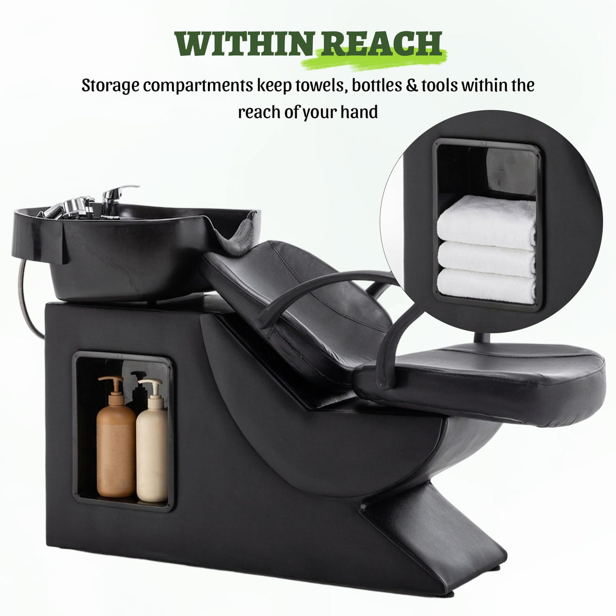 KEIKI Shampoo Bowl and Chair Set for Salon, Hair Washing Station with ABS Sink & PU Leather Chair, Ergonomic Chair with Neck Rest, Side Storage, Hot/Cold Faucet & Sprayer for Spa, Black