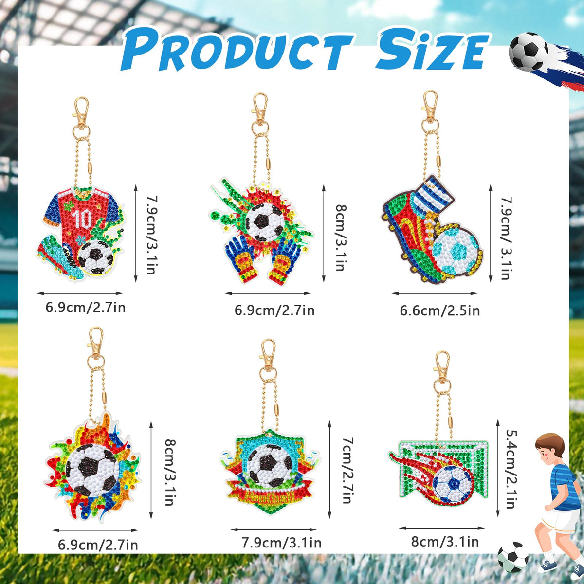 JSRQT 5D DIY Football Diamond Art Painting Keyrings Kit, Double-Sided Diamond Pasted Painting Keychians for Adult Kids, Rhinestone Mosaic Craft Painting Pendant for Handbag Backpack Party Decoration
