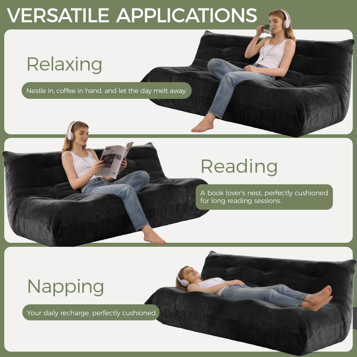 SUYOLS Bean Bag Chair, 3 Seater Fireside Chair Large Bean Bag Sofa for Adults, Memory Foam Chairs Gaming Chairs with Comfy Design & Soft Fabric, Lazy Floor Sofa for Living Room, Bedroom, Dark Gray