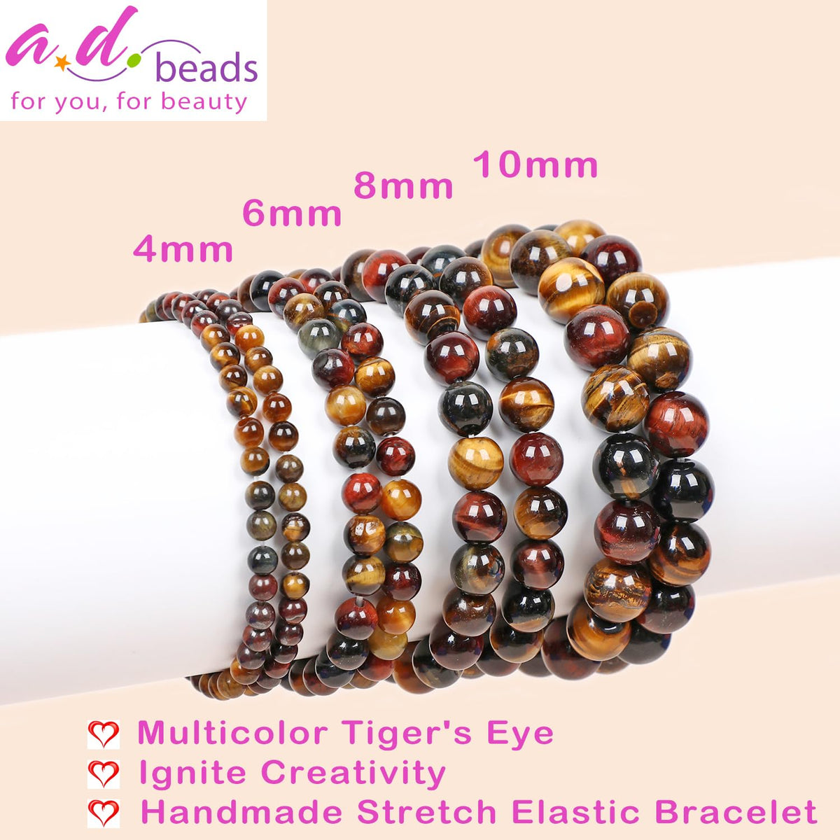 AD Beads Handmade Gemstone Stretch Elastic Bracelet Crystal Healing Reiki Nature's Beauty and Spiritual Essence Unisex (6mm, Multicolor Tiger's Eye (Ignite Creativity))