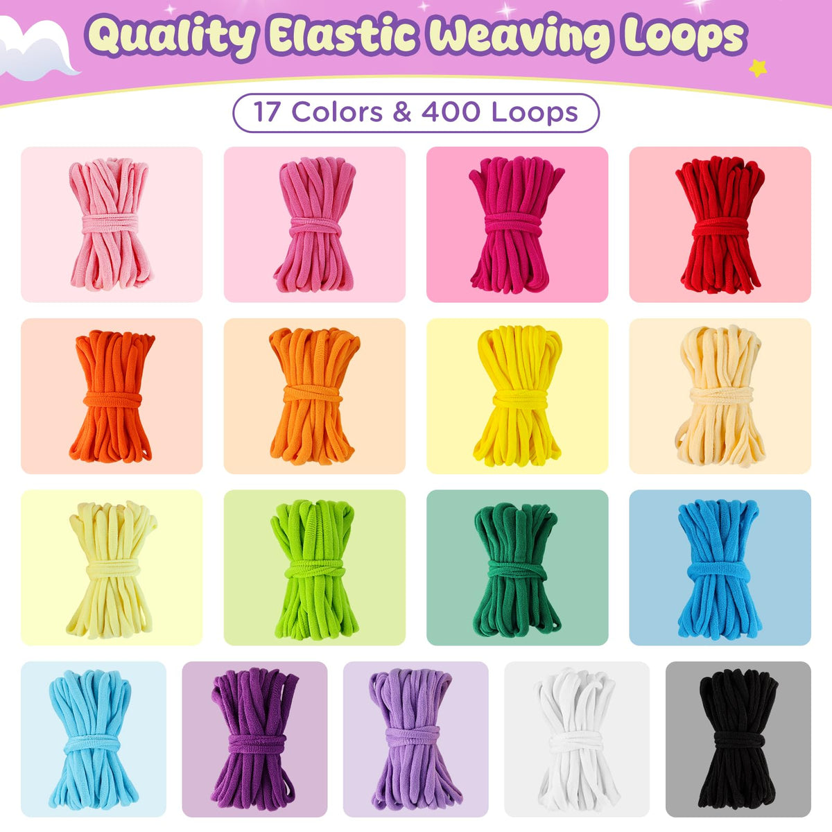 Zefy 400 Pcs Weaving Loom Kit Toys, 17 Colors Loom Loops with 11 PCs Wooden Rings, Rainbow Loops Making Potholder Loom Knitting Crafts Easter Gifts for Kids Girls Adults