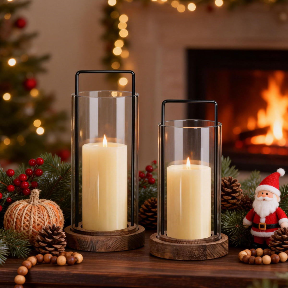 Houmury Farmhouse Candle Holder Decor Boho Glass Hurricane Lantern for Table Centerpieces Set of 2 Decorative Wood Metal Candle Holders for Living Room Dining Patio Home Decoration (Brown)