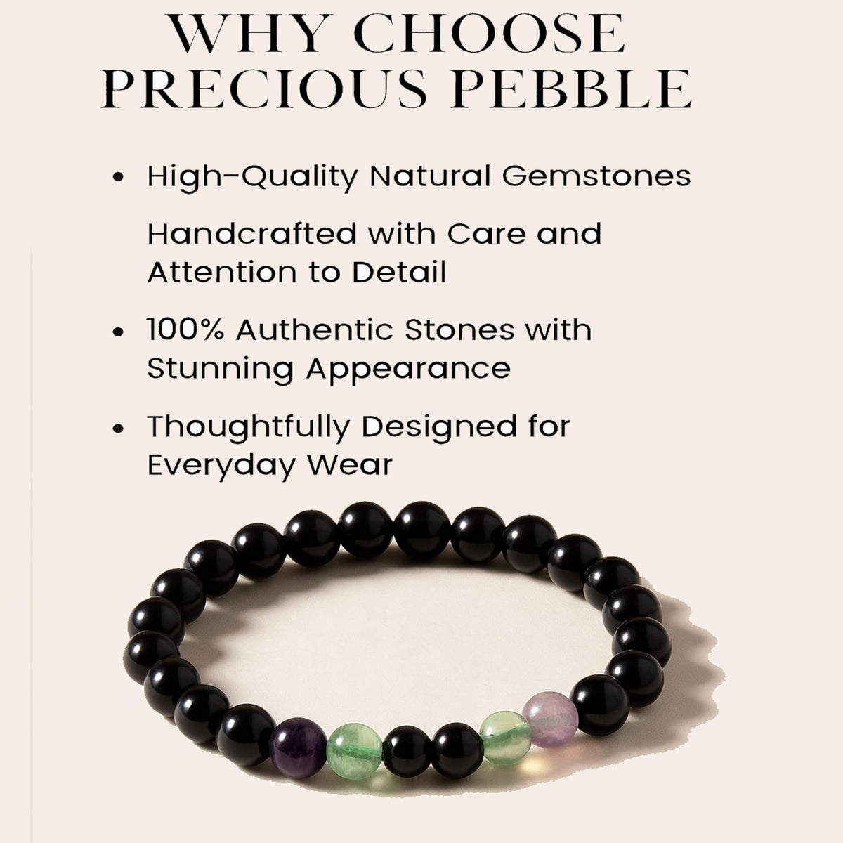 PRECIOUS PEBBLE Obsidian, Tourmaline & Fluorite Bracelets, Natural 8mm Crystal Beads, Handmade Stretch Bracelet for Men & Women – Symbolic Gift Accessory for Balance & Grounded Style
