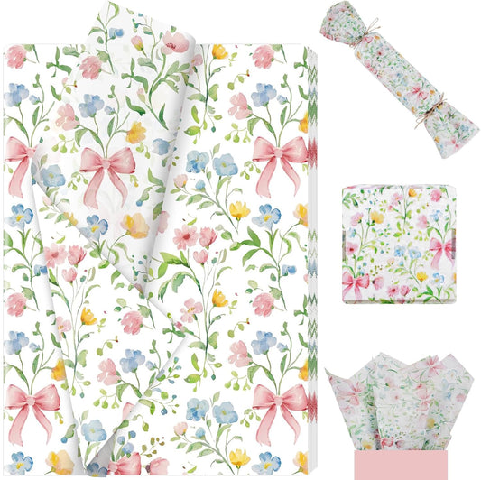 Ywdbzjhs 100 Sheets Tiny Spring Flowers and Pink Bows Tissue Paper, Coquette Bow Wildflowers Floral Gift Wrapping Paper for Botanical Valentine Birthday Wedding Baby Shower Supplies, 20'' x 14''