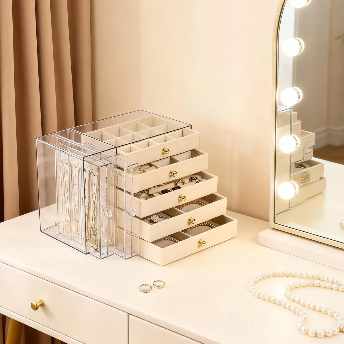 Greenfeather Jewelry Organizer and Storage with 7 Removable Drawers, Clear Acrylic Jewelry Box with 16 Necklace Hooks 48 Pairs of Earring Holes 5 Velvet-Lined Drawers for Rings Bracelets Necklaces