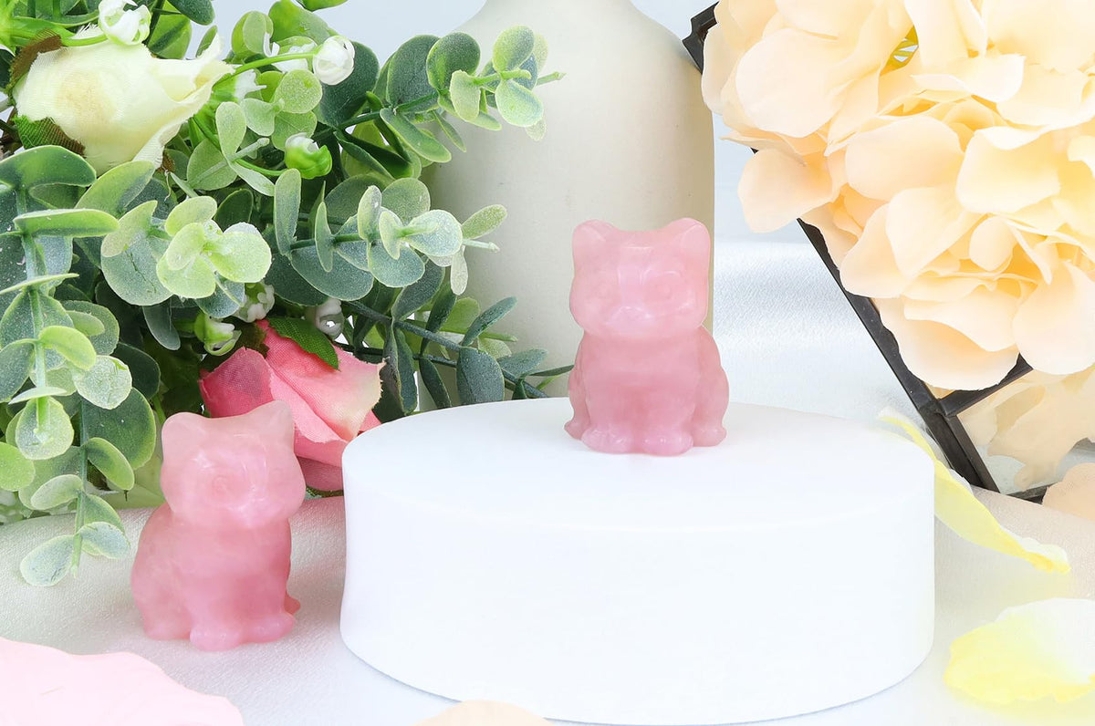 QINJIEJIE Rose Quartz Cat Figurines Pink Gift Cat Decor Crystals Healing Stone Statue Natural Gemstone Sculpture Home Office Desk Decoration Cute Kitten Statue for Women