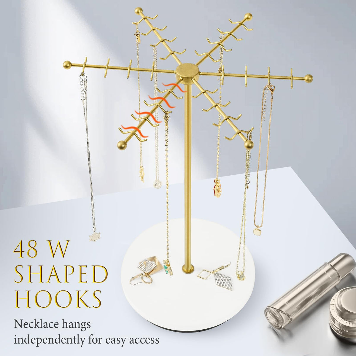 Poyilooo Necklace Holder Jewelry Stand, Rotating Necklace Holder Organizer with 48 Hooks for Necklace Earring Keychains Bracelet Display Stand, Metal Necklace Tree Stand -Women Gifts (Gold)