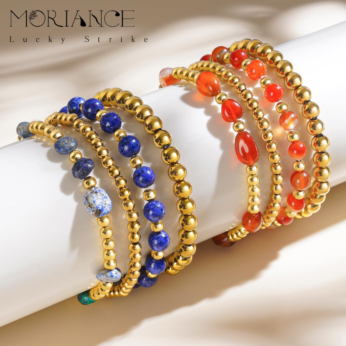 MORIANCE Carnelian & Gold Bead Stackable Bracelet Set for Women - 4pcs (2x Carnelian Stretch, 2x Gold Beaded) - Orange, Classic Style - Anniversary, Birthday
