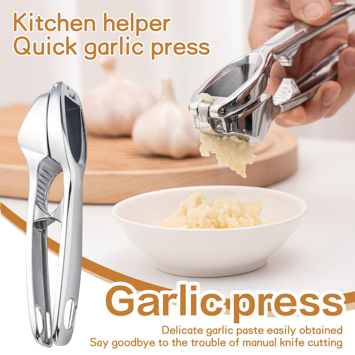 Huakai Kitchen Premium Garlic Press - Zinc Alloy Garlic Press effortlessly crushes garlic cloves, ginger chunks, nuts, and seeds. Comfortable to use and dishwasher safe.