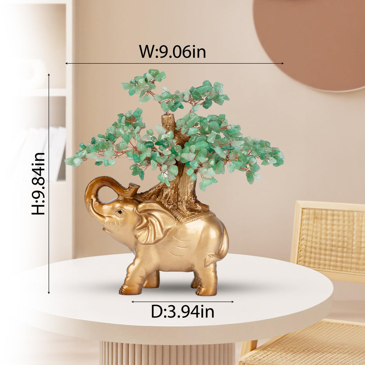 GEMBOURY Green Aventurine Crystal Money Tree on Gold Mini Elephant Statue, 10”Gemstone Bonsai Tree of Life Home Décor Gifts for Wealth Positive Energy, Feng Shui Décor