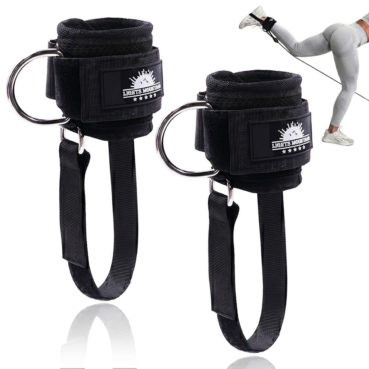Sliding D-ring Ankle Straps for Cable Machine, Stirrup Style Leg Cuffs with Under-Foot Strap, Long-lasting Non-slip Glute Kickback Attachments for Women Men