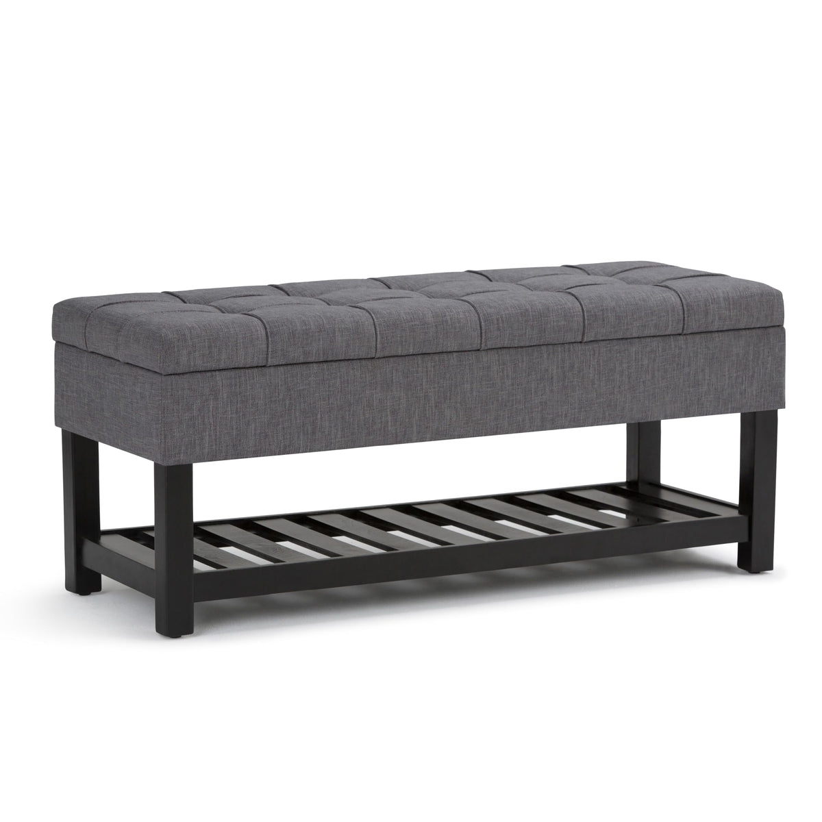 SIMPLIHOME Saxon Storage Ottoman Bench - 43 inch Wide Upholstered Linen Look Fabric Rectangle Storage Ottoman in Slate Grey, Transitional Bench for Bedroom with Tufted Lift-Top and Open Bottom Shelf