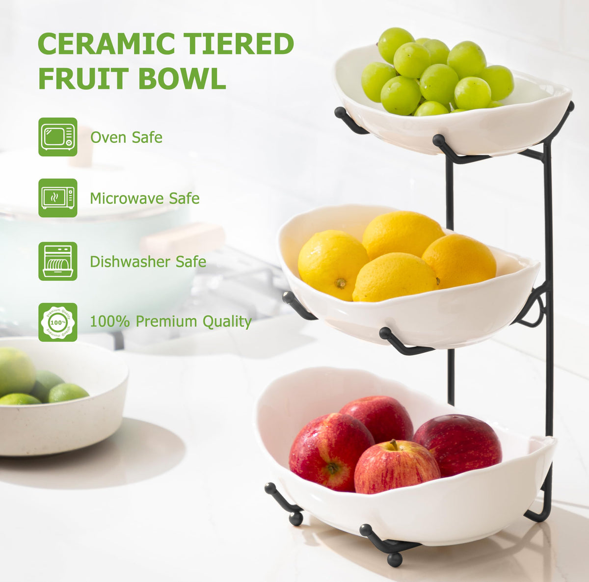 HBlife Fruit Bowl for Kitchen Counter - 3 Tier Ceramic Fruit Rack, Fruit Basket for Fresh Fruit&Veggies, Tiered Fruit Platter Serving Trays for Party