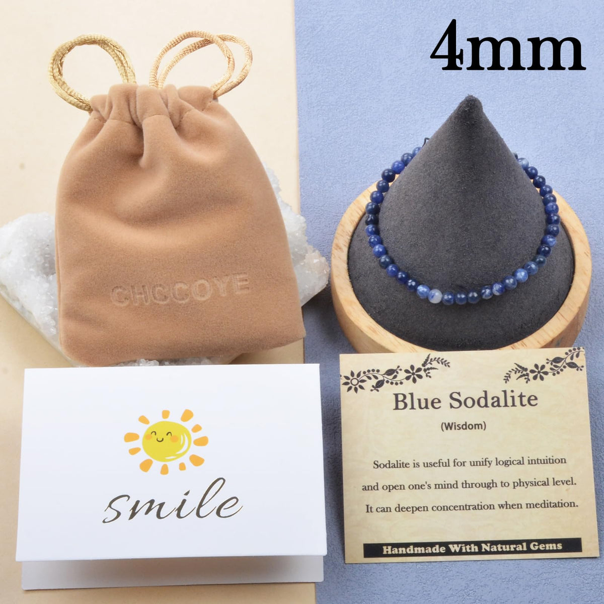 CHCCOYE 4mm Handmade Adjustable Natural Gemstone Crystal Bracelet Healing Power Energy Inspirational Gifts with Card for Unisex (Blue Sodalite)