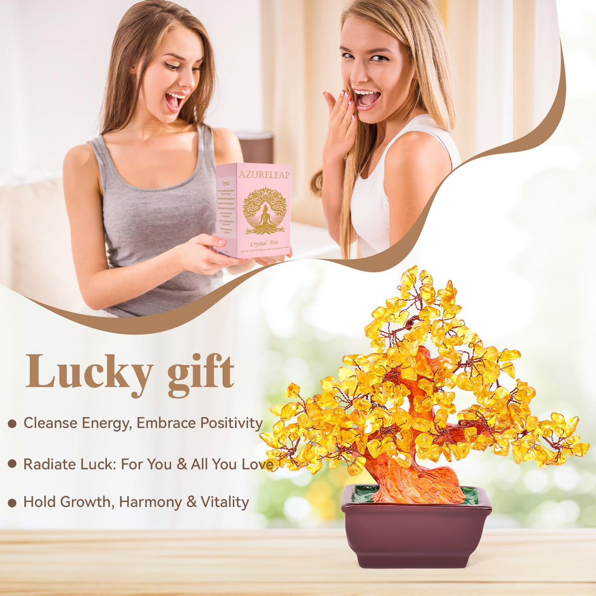 AzureLeap Feng Shui Quartz Crystal Money Tree Bonsai Style Decoration for Luck and Wealth (Yellow)