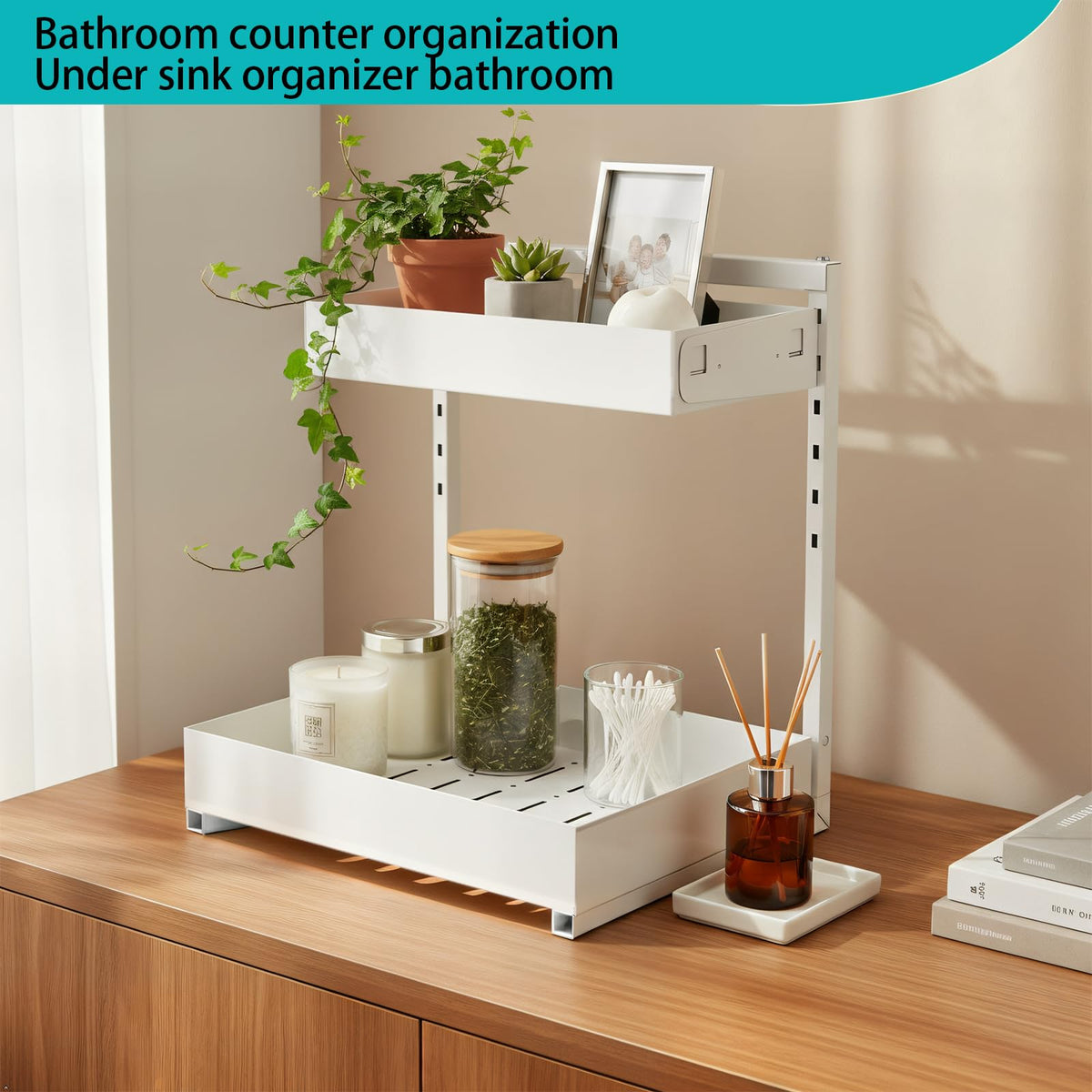 Under Sink Organizer, Bathroom Counter Organizer, 2 Packs 2-Tier Metal, Under Cabinet Storage, Makeup Storage, Adjustable Height & Slide-Out Drawer for Kitchen Bathroom, White