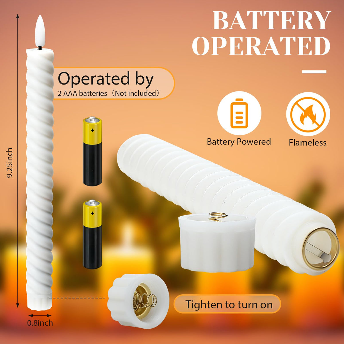 Tuanse 24 Pcs 10 Inch Flameless Twisted Taper Candles LED Flickering Battery Operated Candles Electric Warm Light Candlesticks for Wedding Birthday Party Home Dinner Decor(White)