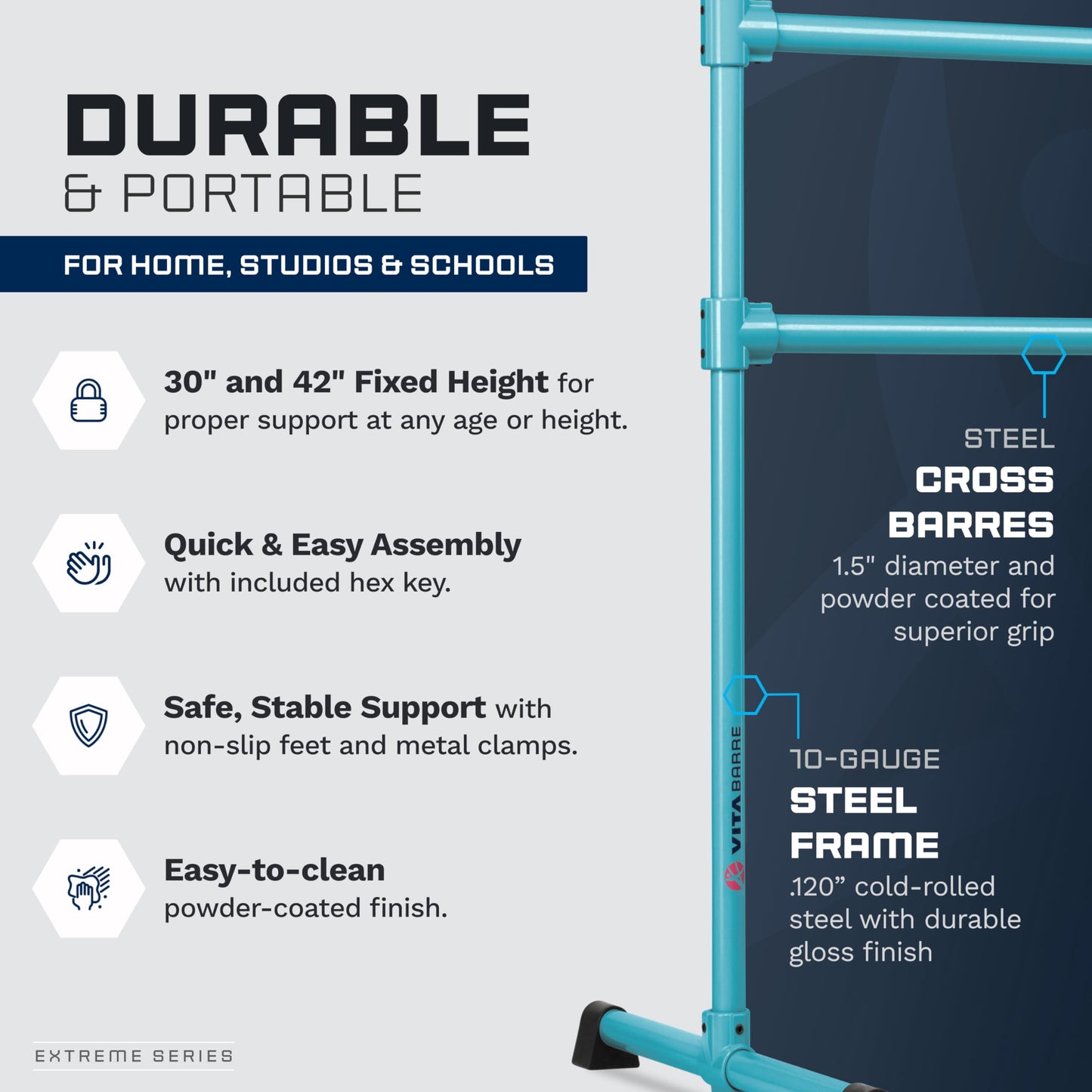 VITA Barre Portable Freestanding Double Ballet Barre, Prodigy, 6 Ft Bars, Teal | Adjustable Height, USA Made, Home or Gym Exercise Equipment for Kids & Adults | Dance, Fitness, Pilates