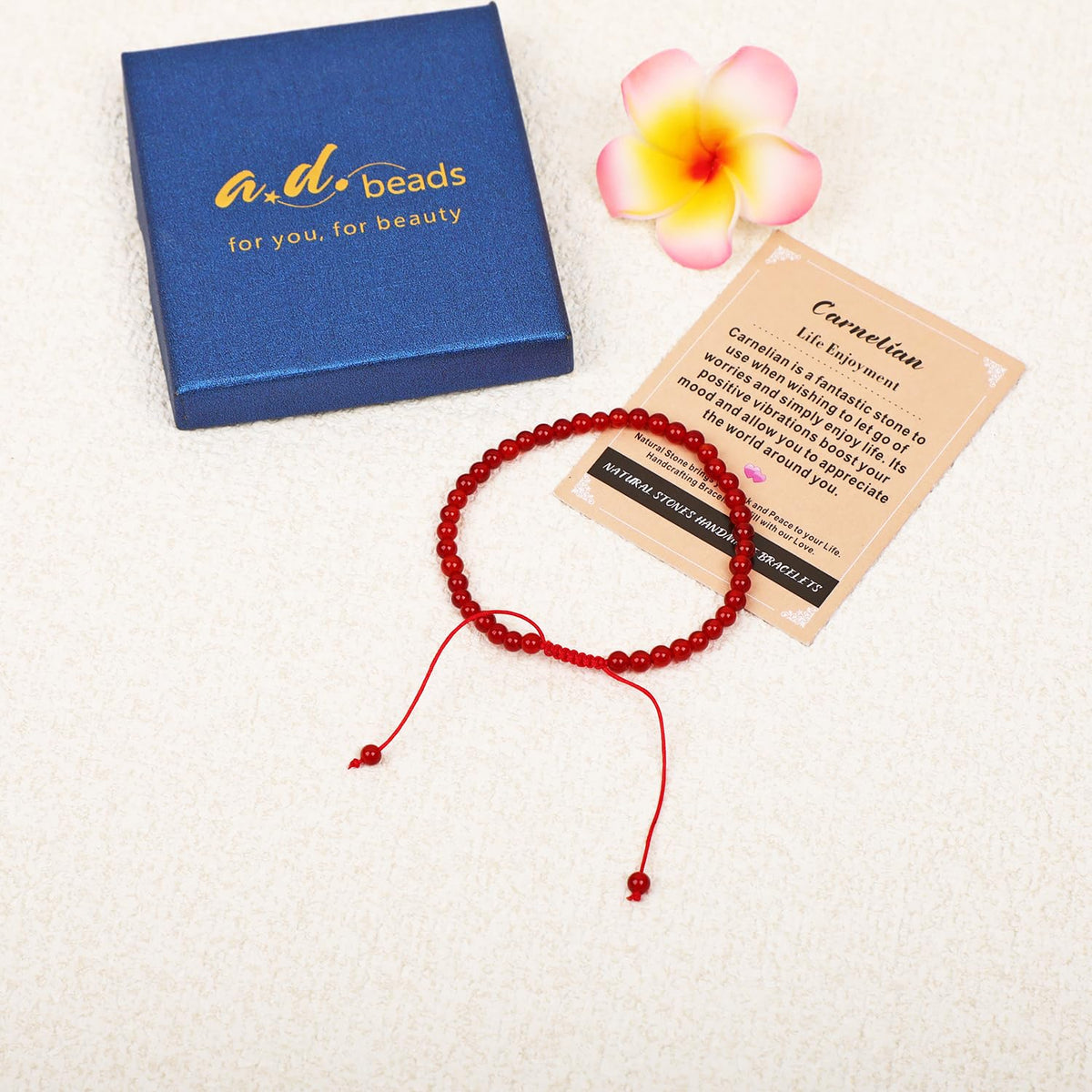 AD Beads 4mm Carnelian Bracelet - Stone of Life Enjoyment - Handmade Natural Stone Crystal Bracelet with Adjustable Macrame String - Yoga Healing Power Energy Gifts for Men and Women
