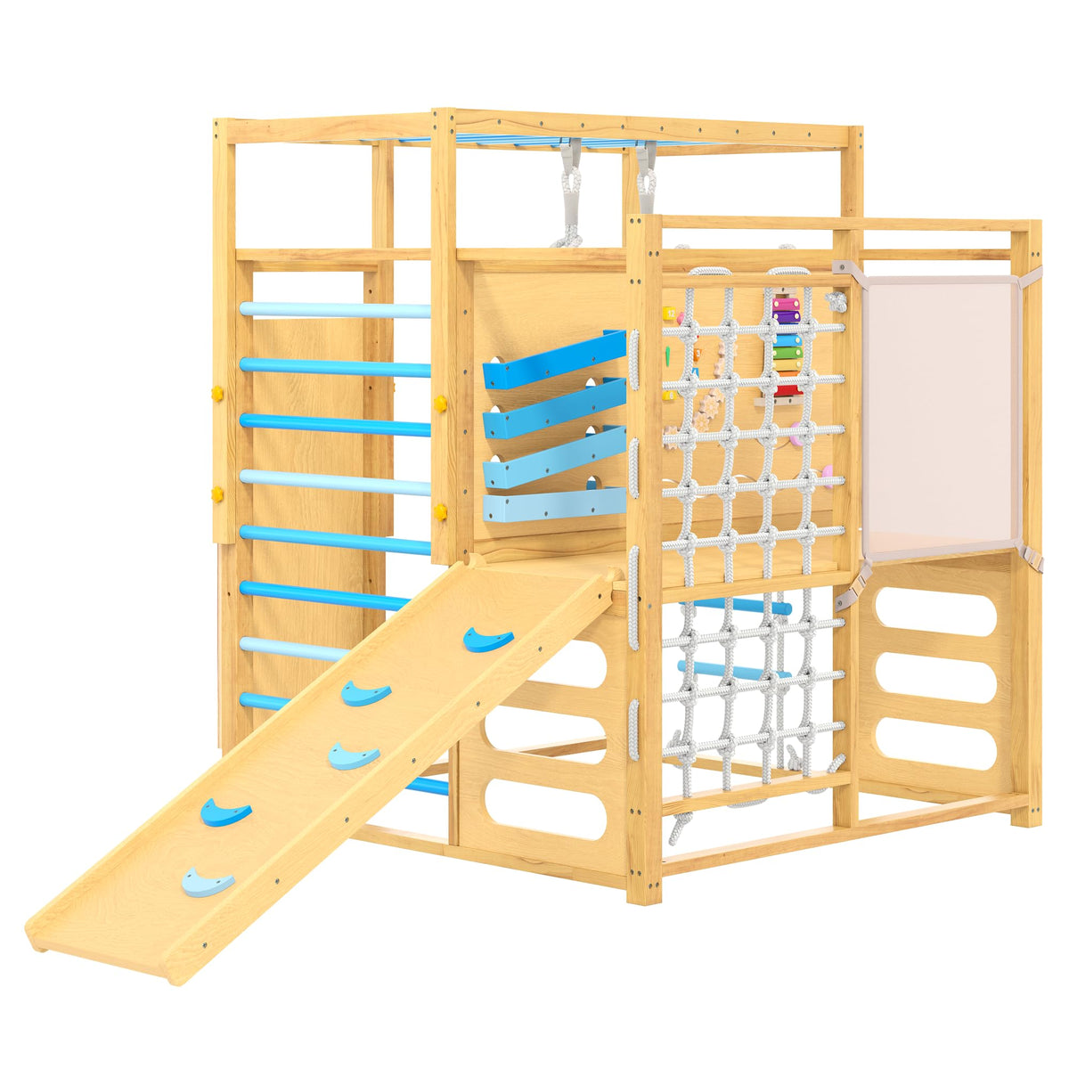 Garvee 9-in-1 Indoor Jungle Gym, Montessori Wooden Indoor Playground for Kids 2-8, Wooden Climbing Structure with Slide, Monkey Bars, Rope Ladder, Rock Wall, Climbing Net, Rings - Natural Wood Blue