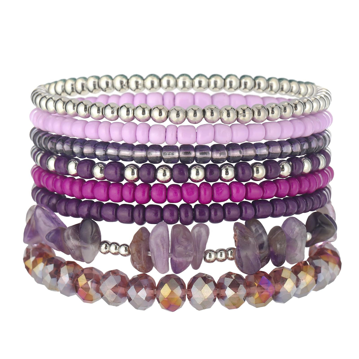 Noessla Boho Beaded Bracelets for Women Stackable Irregular Natural Stone Bead Stretch Bracelet Set 8PCS Costume Jewelry Gifts for Her(Purple)