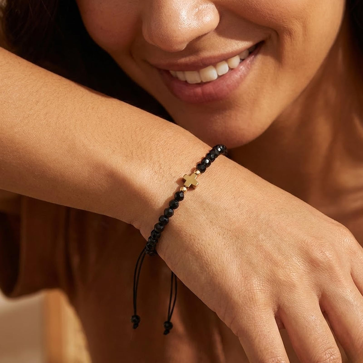 Opalencian Black Crystal Beads Drawstring Bracelet for Women,Gold Plated Cross Bracelets Charm Beads Good Luck Handmade Fashion Jewelry Gifts