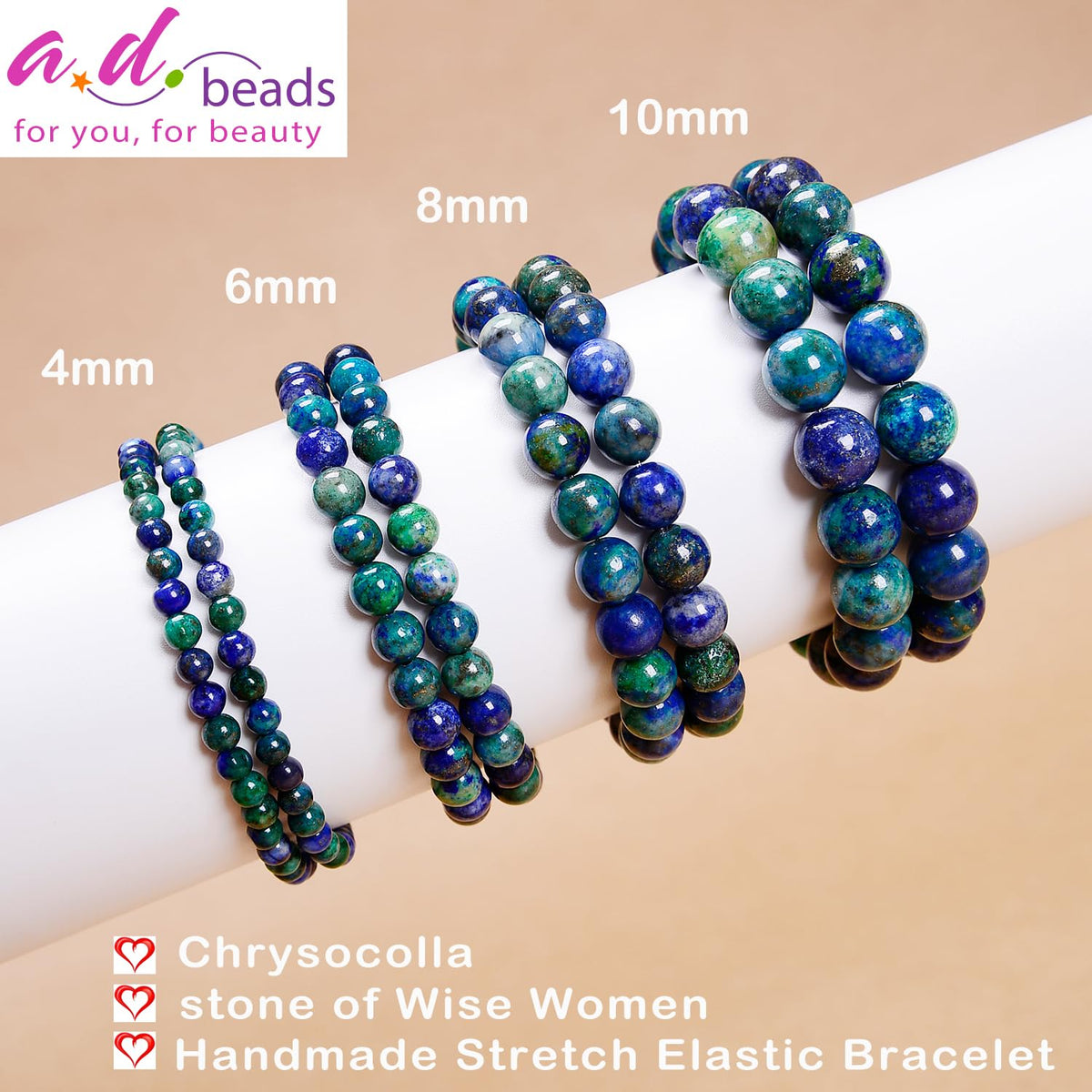 AD Beads Handmade Gemstone Stretch Elastic Bracelet Crystal Healing Reiki Nature's Beauty and Spiritual Essence Unisex (6mm, Chrysocolla (Wise Women))