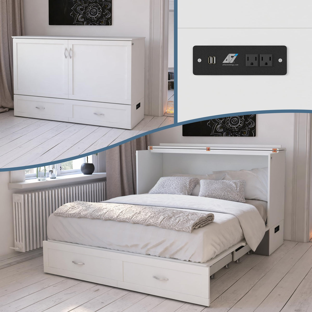 AFI Hamilton Queen Murphy Bed Chest with Mattress, Storage, and Built-in Charger in White