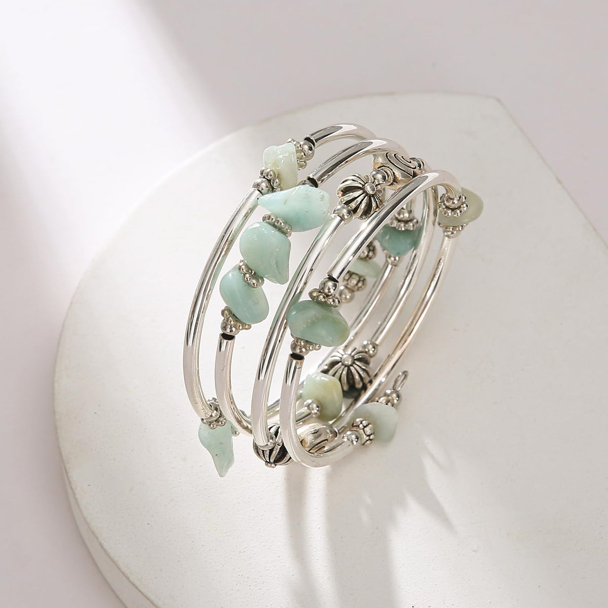 FULU AUTUMN Stone Silver Bangle Wrap Bracelet Boho Turquoise Crystal Chips Bead Bracelets Fashion Jewelry Birthday Gifts for Women(19-Green)