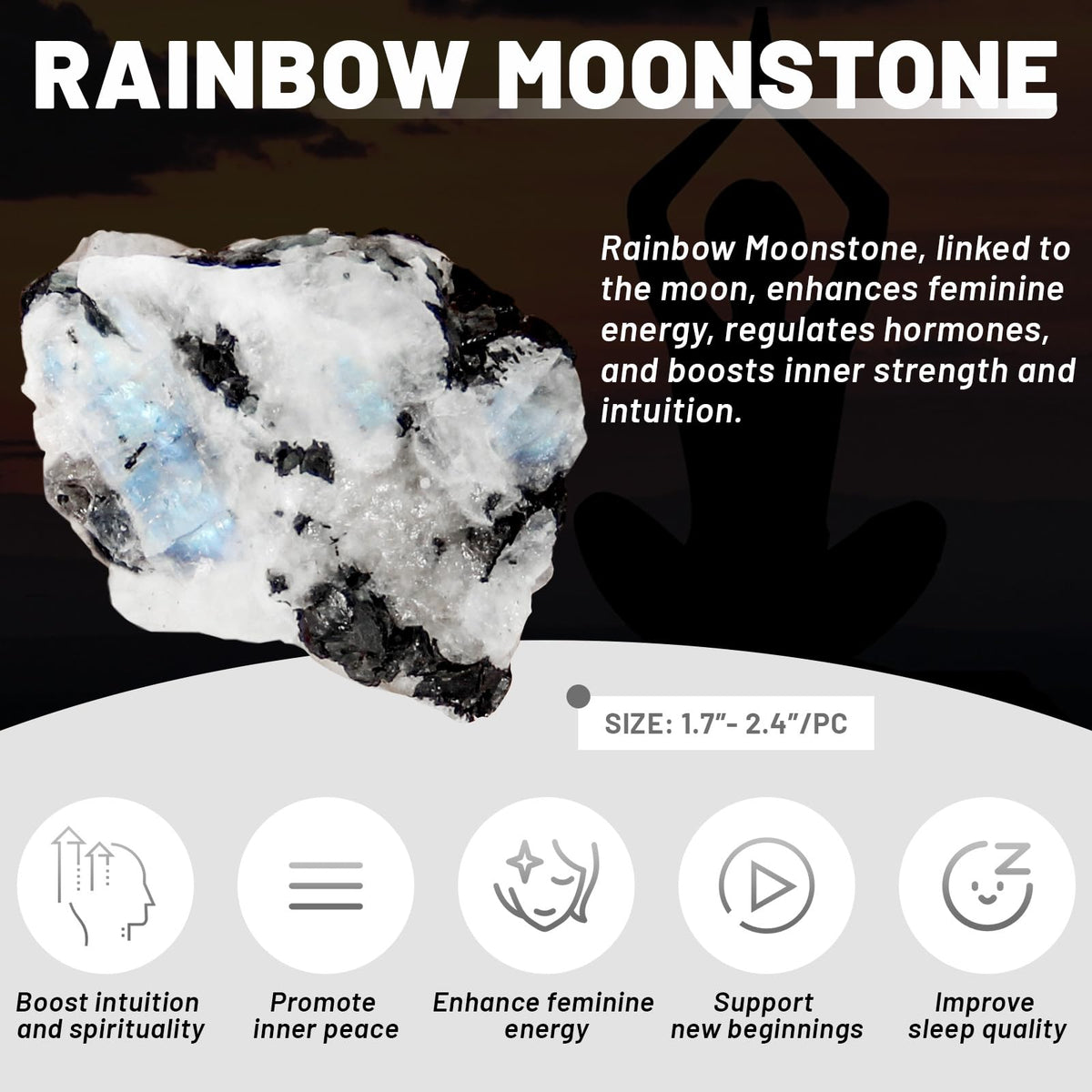 Orientrea Large Raw Rainbow Moonstone Rough Crystal with Clear Quartz, Natural Rainbow Moonstone Crystal and Healing Stones for Tumbling, Decoration, Polishing, Wire Wrapping, Wicca & Reiki 2PCS