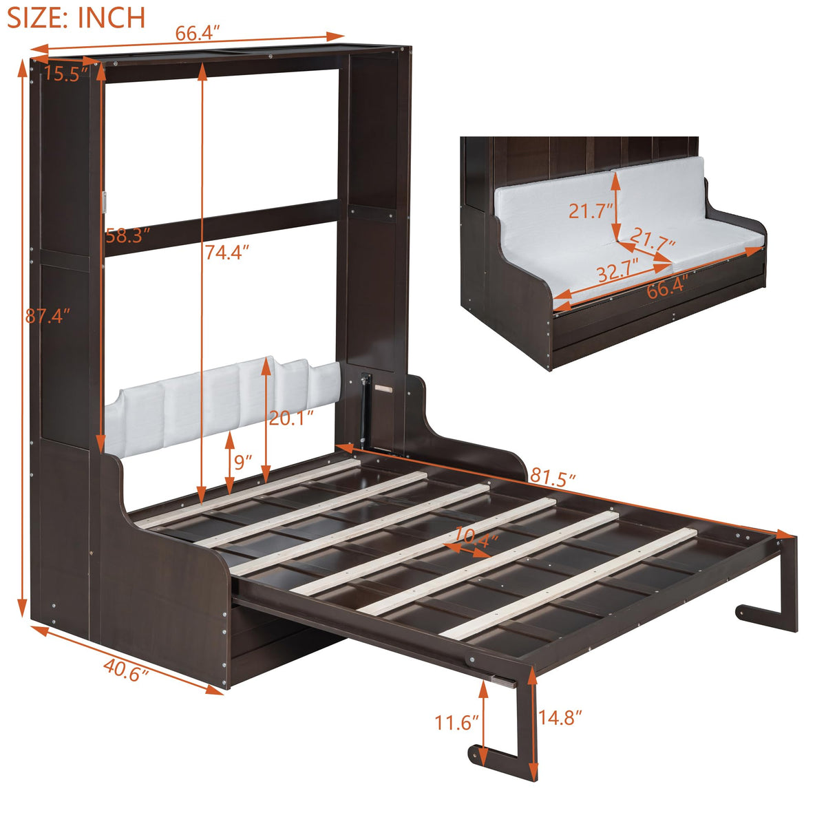 Merax Queen Size Murphy Bed Frame, Modern Wall Bed Can Be Folded into Cabinet, Chair with Cushion, Espresso