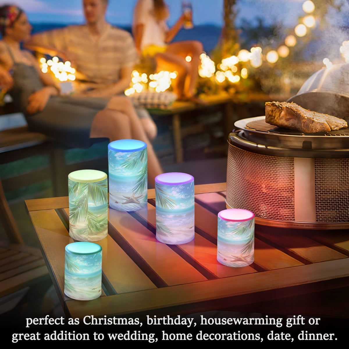 BOENLE Flickering Flameless Candles, Palm Leaves Starfish Beach LED Candles with Remote Timer, Set of 2 Battery Operated Candle for Valentine Wedding Birthday