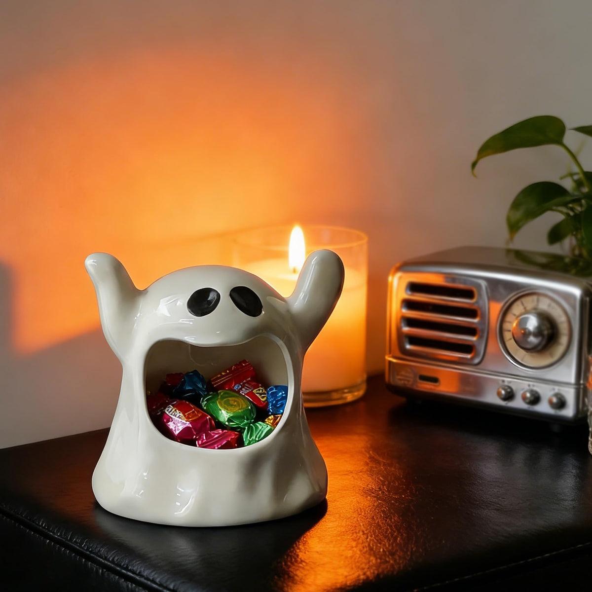 KISWIAR Ghost Shaped Ceramic Holder, Ghost Ceramic Candy Bowl, Halloween Candle Holder Cup, Multipurpose Tabletop Organizer for Party Home Office