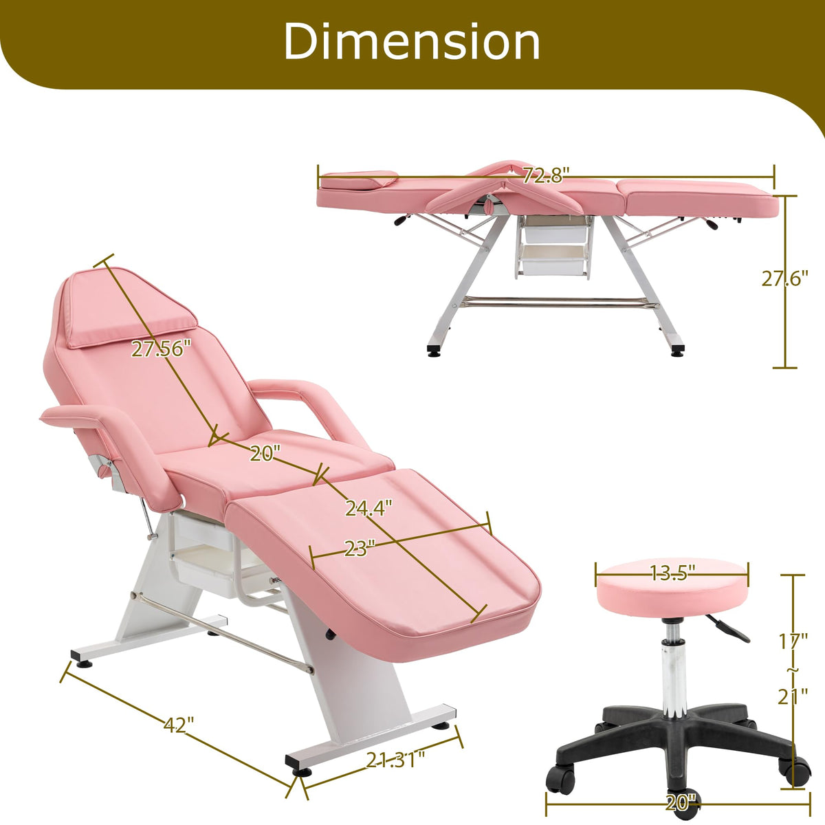 Massage Salon Tattoo Chair with Two Trays Esthetician Bed with Hydraulic Stool,Multi Purpose 3 Section Facial Bed Table, Adjustable Beauty Barber Spa Beauty Equipment, Pink