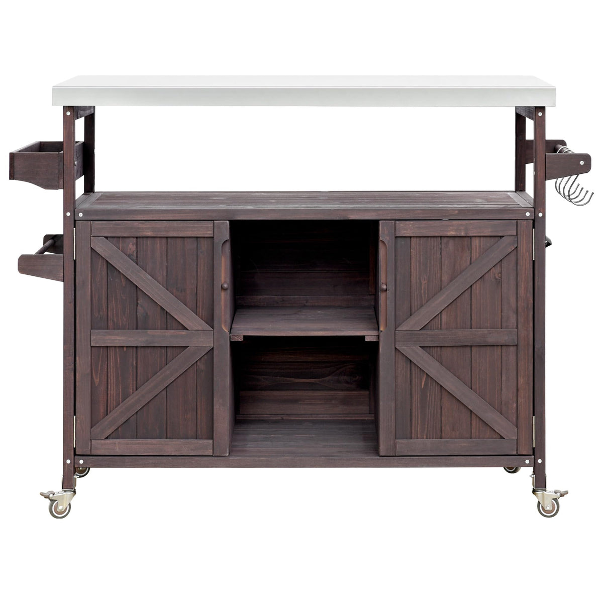 YOPTO Outdoor Kitchen Island Cart with Internal Storage Racks,Solid Wood Outdoor Grill Table W/Stainless Steel Top,4 Secure Locking Wheels,4 Hangers and Bottle Opener for Kitchen & BBQ,Dark Brown