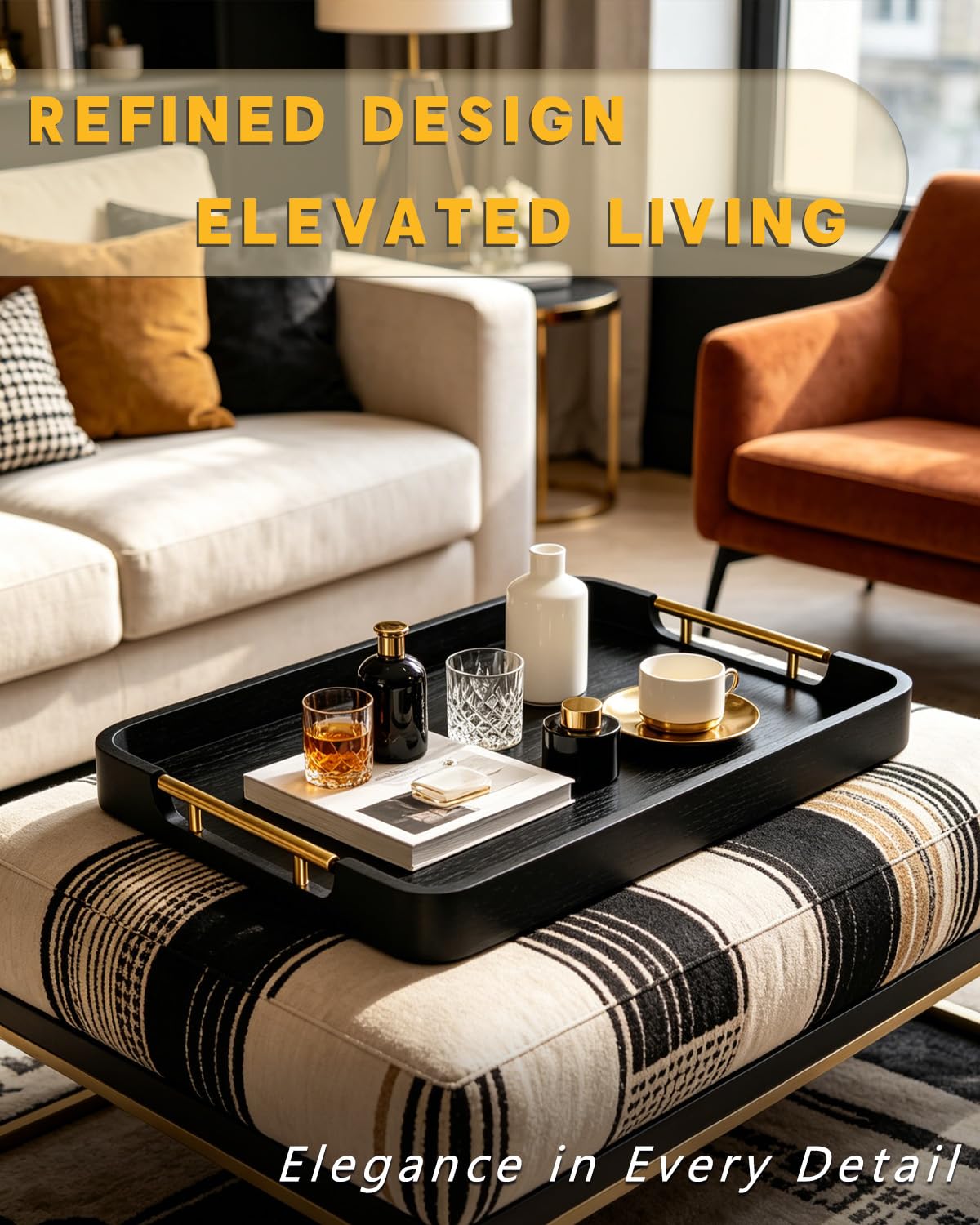 OurMiao 22" x 15.75" Black Wooden Serving Tray with Gold Metal Handles & Rounded Corners, Large Rectangular Wood Ottoman Tray for Living Room, Coffee Station