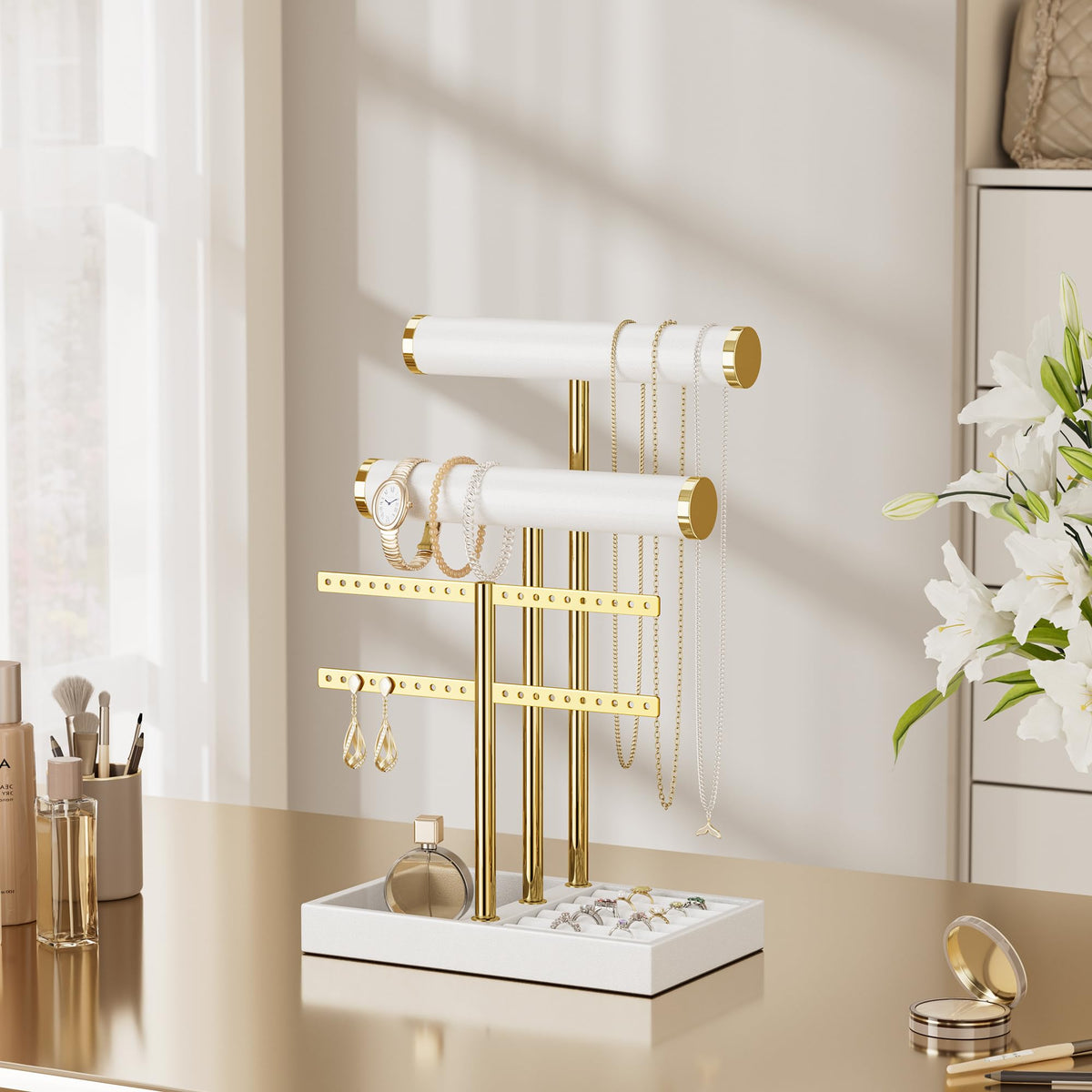bussdis 3 Tier Bracelet Holder Display - White Leather Bracelet Holder, Detachable T Bar Jewelry Holder Organizer for Bracelet, Necklace, Earrings, Rings, Watches, Bangle